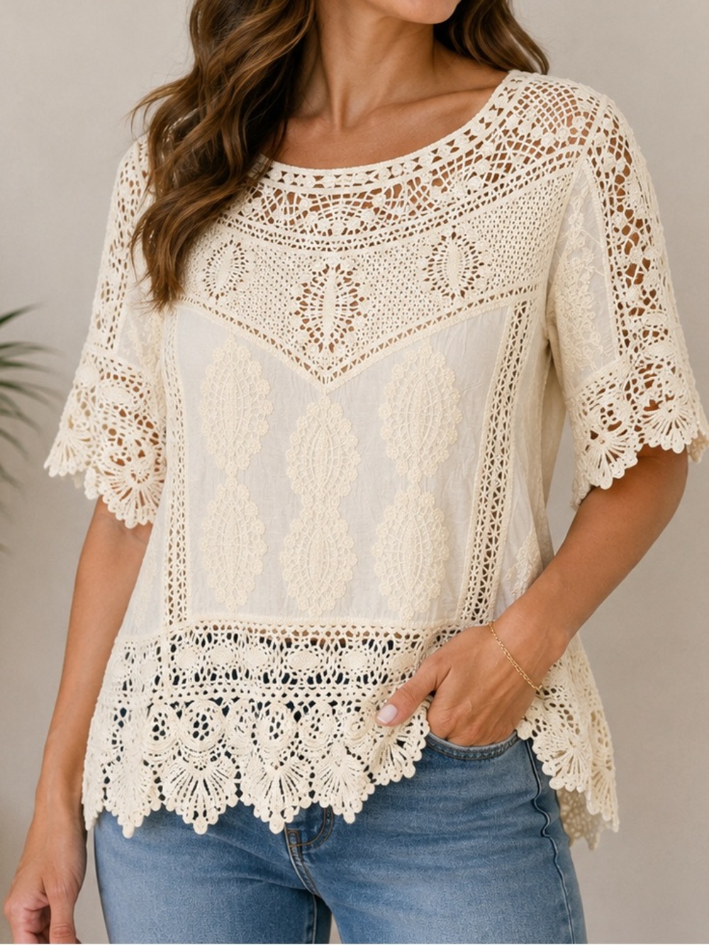 Democracy Crochet Lace Short Sleeve Top in Cream